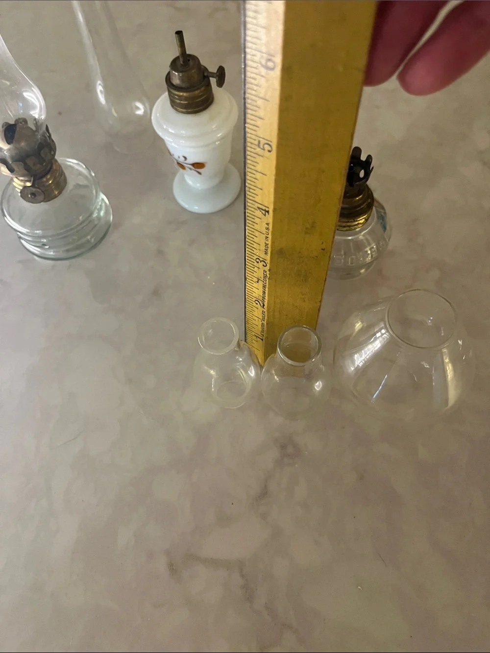 Lot of 3 Vintage Mini Glass Hurricane Oil Lamps and 2 hurricanes